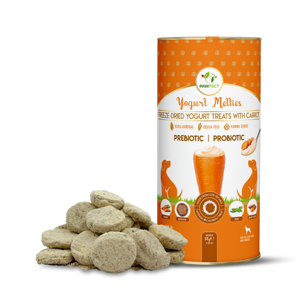 Pawfect Yogurt Melties Pre and Probiotic Dog Treats with Carrot, Flaxseed, Pea & Sweet Potato | Healthy Gut | Low Calories | Grain & Gluten Free | Reward or Training Treats (38g/1.34oz)