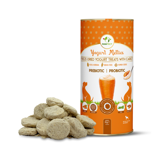 Pawfect Yogurt Melties Pre and Probiotic Dog Treats with Carrot, Flaxseed, Pea & Sweet Potato | Healthy Gut | Low Calories | Grain & Gluten Free | Reward or Training Treats (38g/1.34oz)