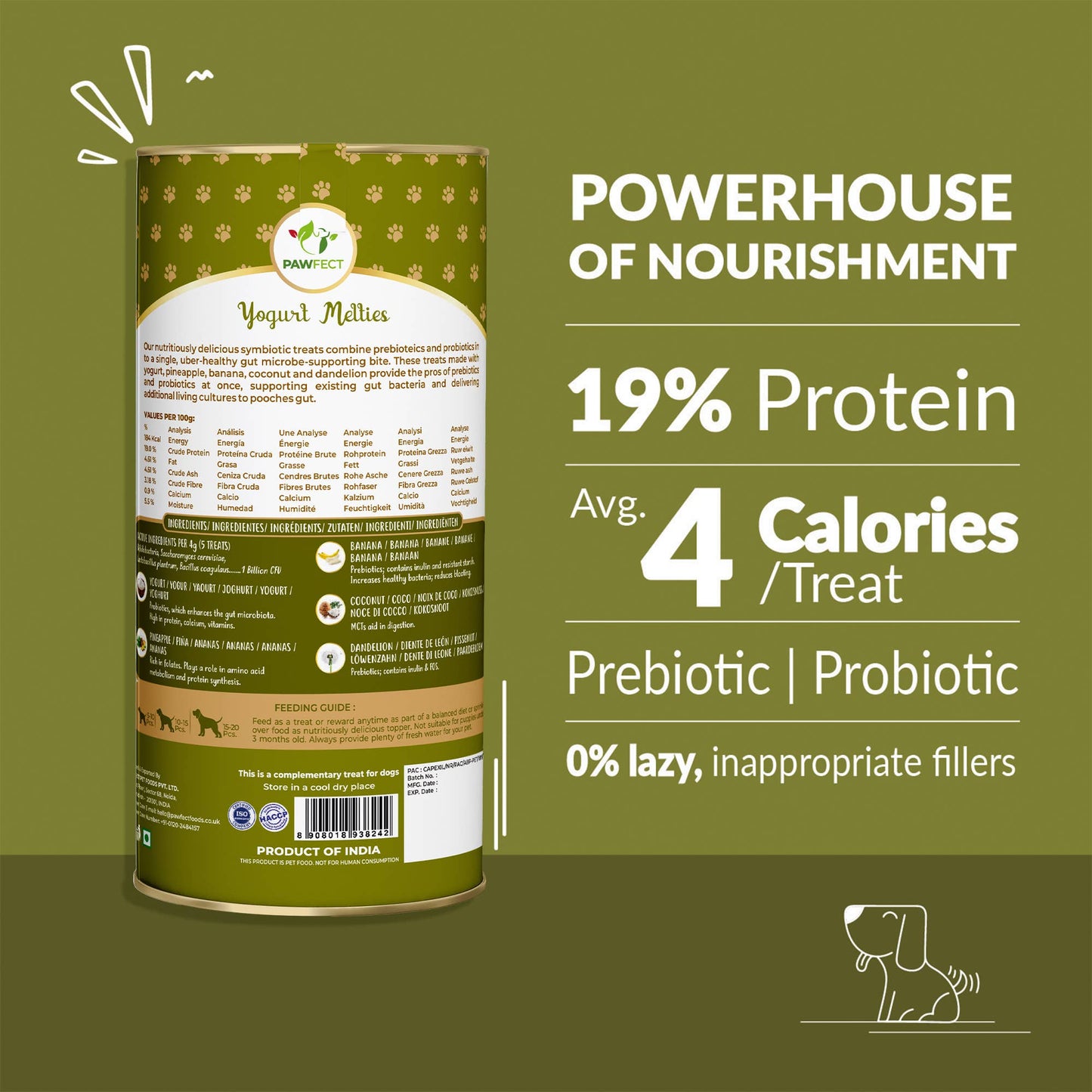 Pawfect Yogurt Melties Pre and Probiotic Dog Treats with Pineapple, Coconut, Banana, Dandelion | Healthy Gut l Low Calories | Grain & Gluten Free | Reward or Training Treats (38g/1.34oz)
