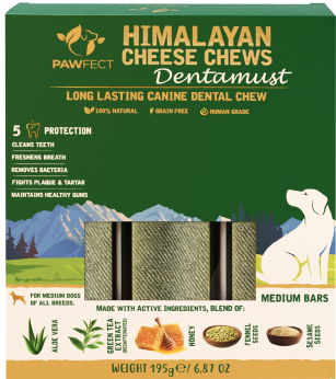 Pawfect Dentamust Himalayan Cheese Chews with Aloe, Honey & Green Tea for Dogs| Long lasting dental chew with Superfoods |All Natural, High protein, Grain-free| Pack of 3 for Large Dogs