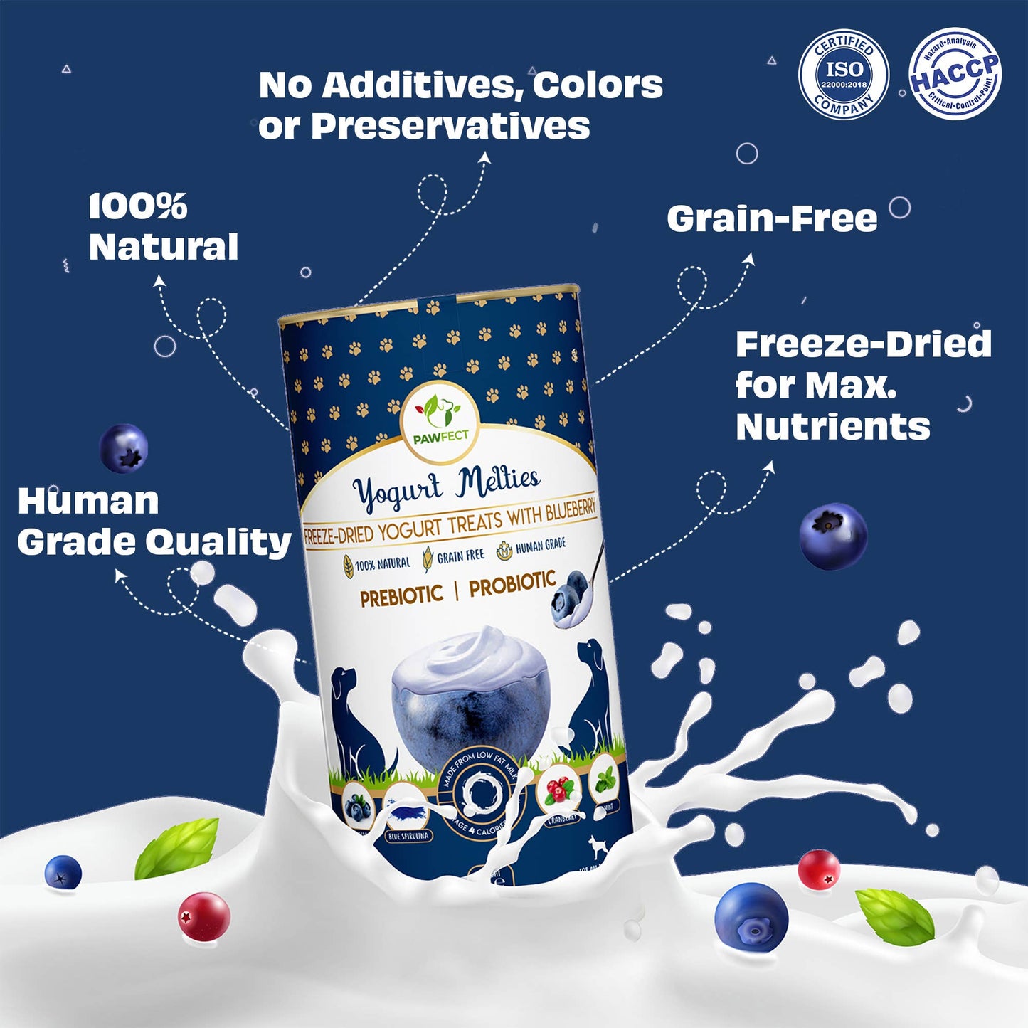 Pawfect Yogurt Melties Pre and Probiotic Dog Treats with Blueberry, Cranberry, Blue Spirulina & Mint | Healthy Gut | Low Calories | Grain & Gluten Free | Reward or Training Treats (38g/1.34oz)