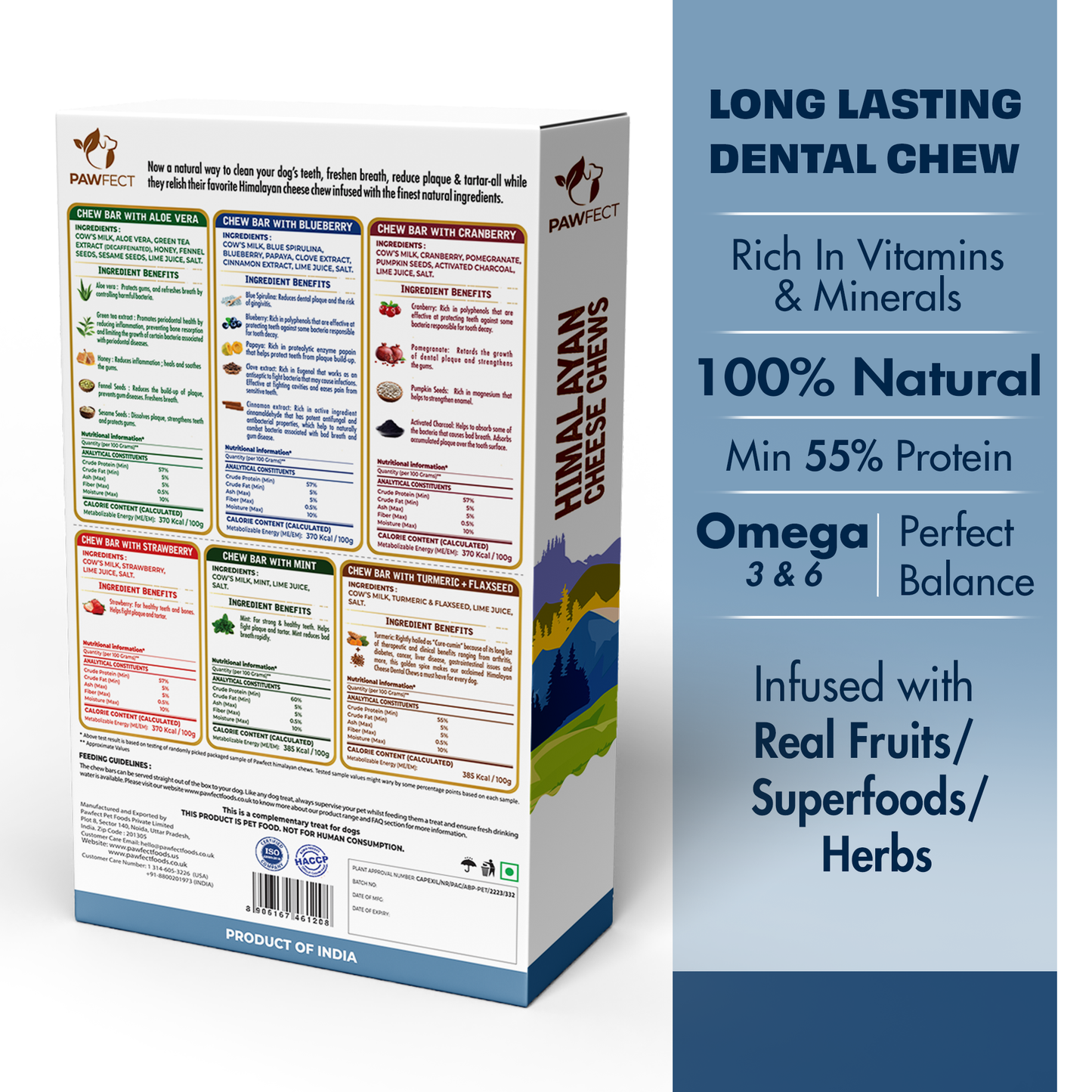 Pawfect Himalayan Cheese Chew for Medium Dogs | Variety Pack of 6 | Strawberry, Blueberry, Cranberry, Aloe, Turmeric, Mint |Grain-free, All Natural long-lasting dental chews(390g/13.76oz)