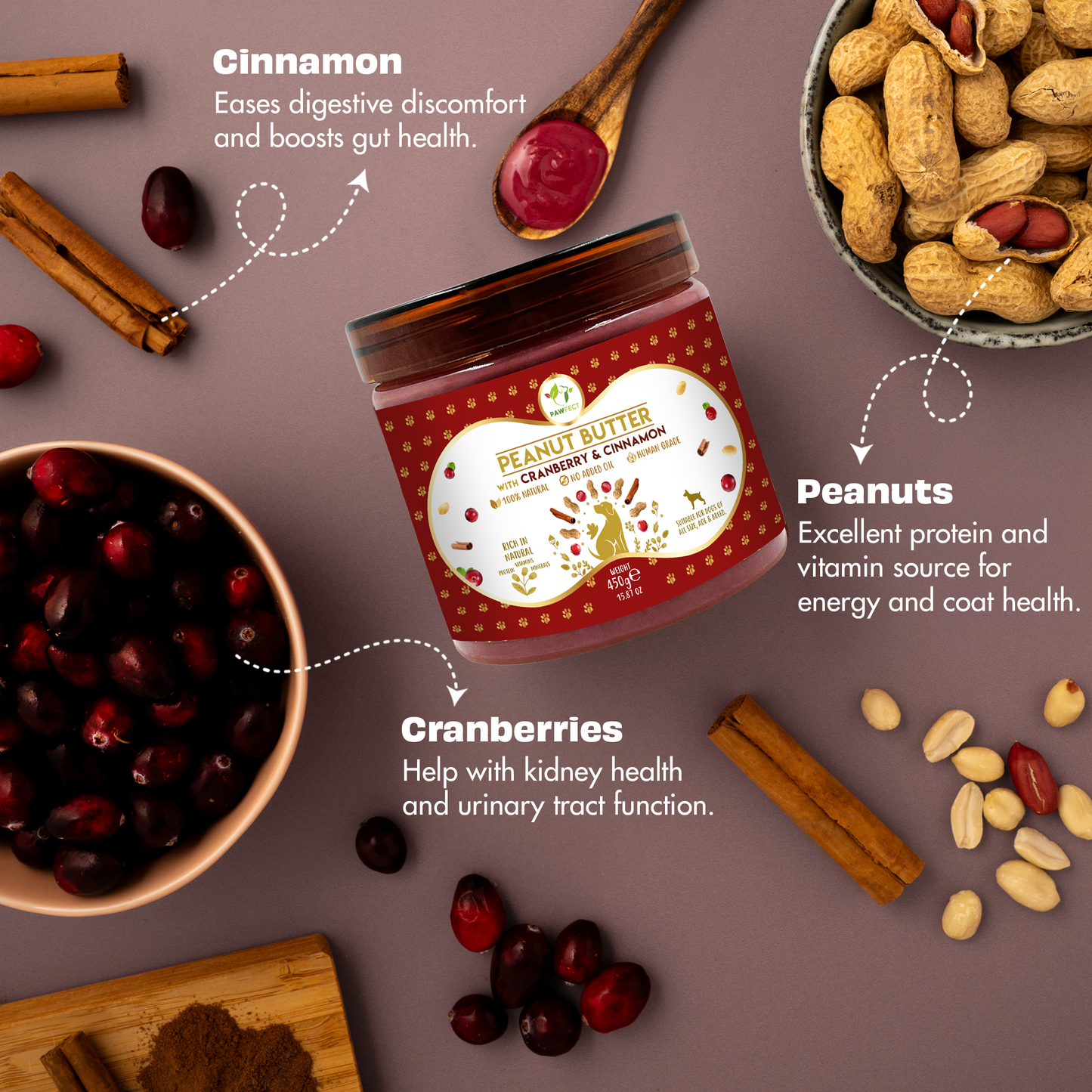 Pawfect Peanut Butter with Cranberry & Cinnamon for Dogs & Puppies | 100% Natural Peanut Butter | No Added Sugar, Salt, Palm Oil | No Sweeteners, No Xylitol | Healthy Dog Treat