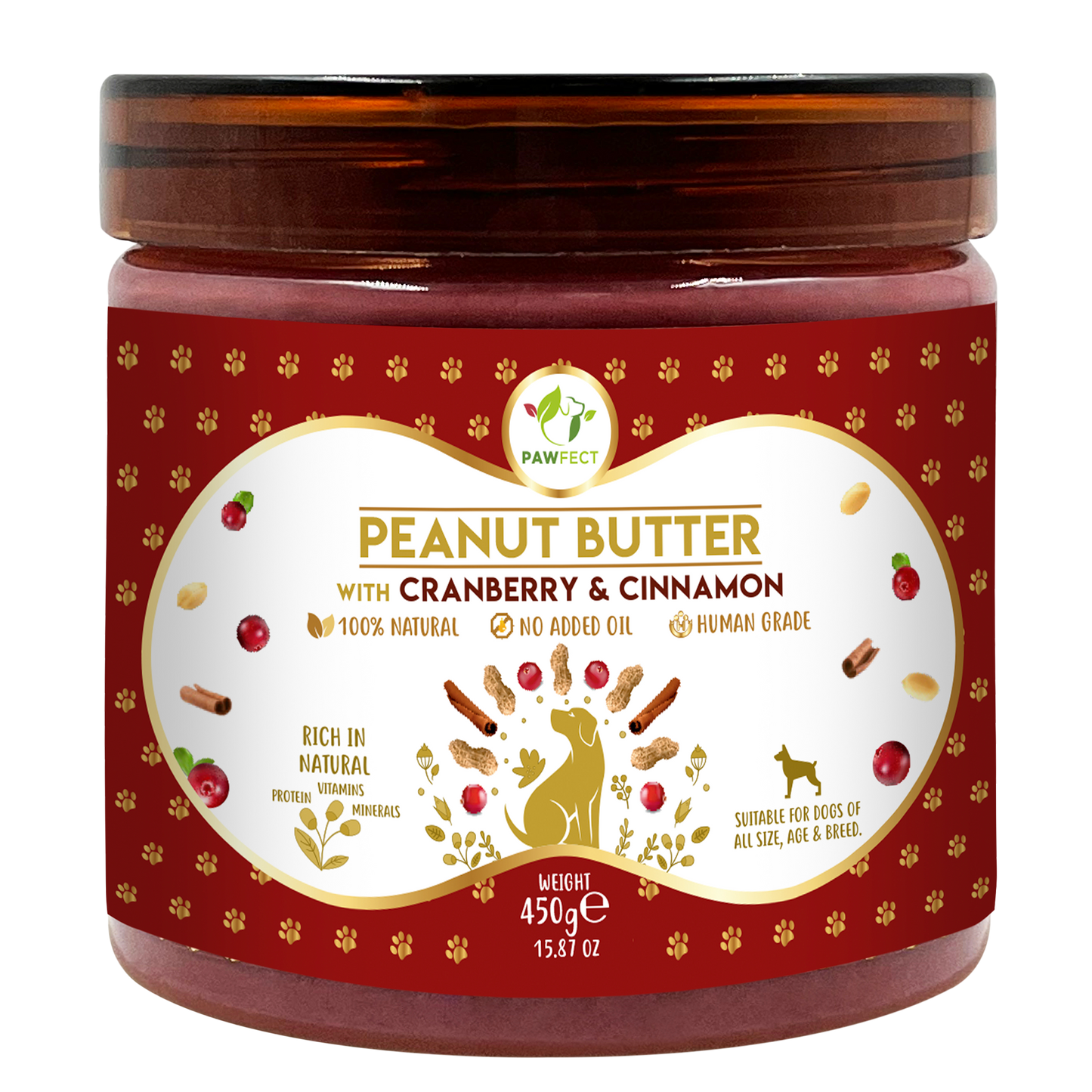 Pawfect Peanut Butter with Cranberry & Cinnamon for Dogs & Puppies | 100% Natural Peanut Butter | No Added Sugar, Salt, Palm Oil | No Sweeteners, No Xylitol | Healthy Dog Treat