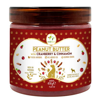 Pawfect Peanut Butter with Cranberry & Cinnamon for Dogs & Puppies | 100% Natural Peanut Butter | No Added Sugar, Salt, Palm Oil | No Sweeteners, No Xylitol | Healthy Dog Treat
