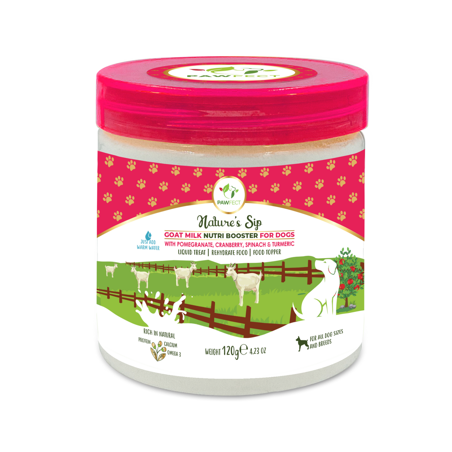 Pawfect Nature's Sip Goat Milk Powder with Pomegranate & Cranberries| Easily Digestible| Pre & Probiotics| Healthy Topper| Hydration Support