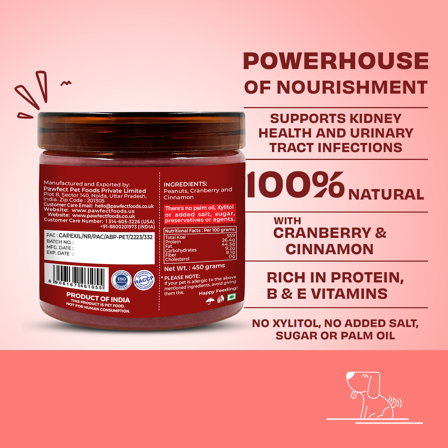 Pawfect Peanut Butter with Cranberry & Cinnamon for Dogs & Puppies | 100% Natural Peanut Butter | No Added Sugar, Salt, Palm Oil | No Sweeteners, No Xylitol | Healthy Dog Treat