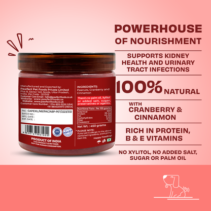 Pawfect Peanut Butter with Cranberry & Cinnamon for Dogs & Puppies | 100% Natural Peanut Butter | No Added Sugar, Salt, Palm Oil | No Sweeteners, No Xylitol | Healthy Dog Treat
