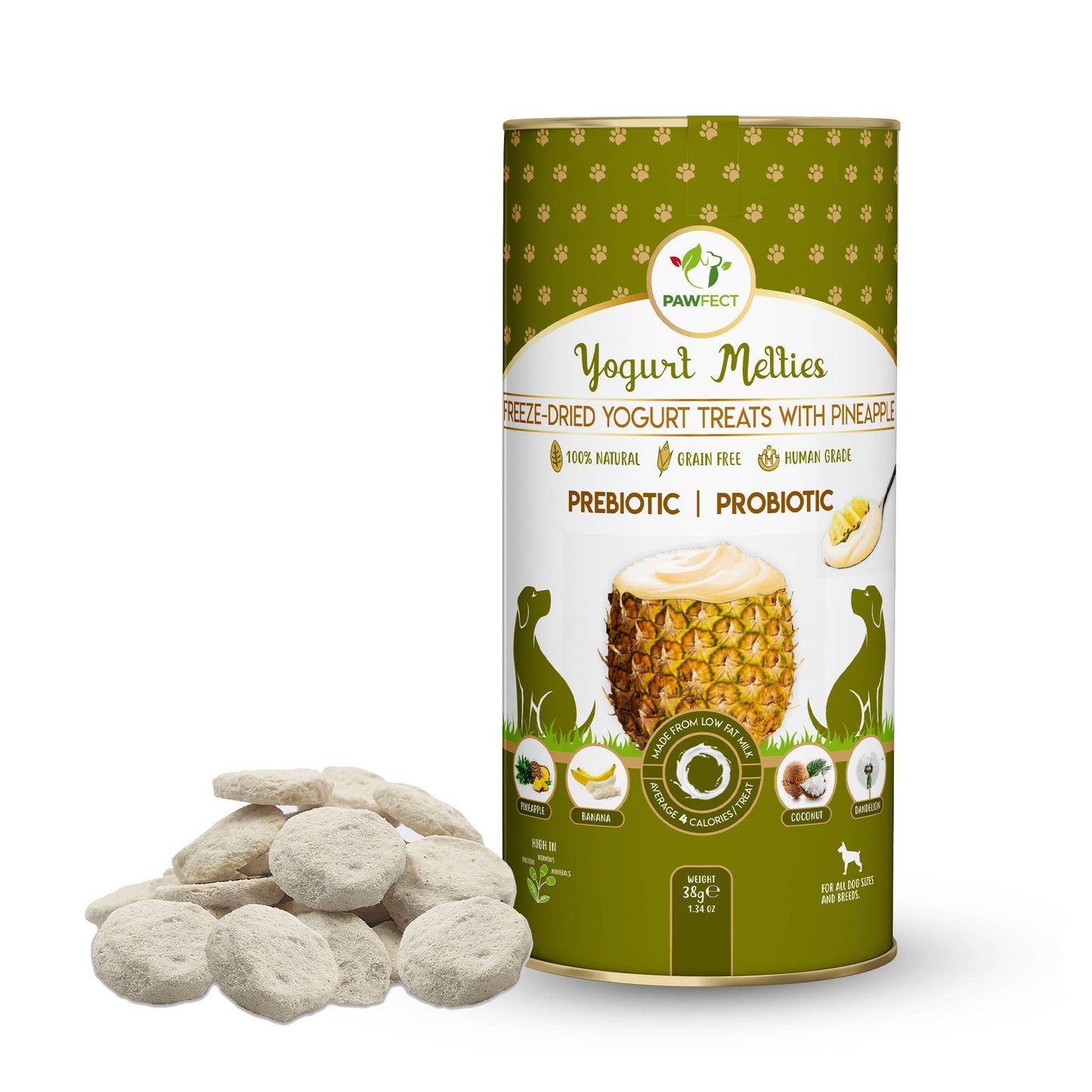 Pawfect Yogurt Melties Pre and Probiotic Dog Treats with Pineapple, Coconut, Banana, Dandelion | Healthy Gut l Low Calories | Grain & Gluten Free | Reward or Training Treats (38g/1.34oz)