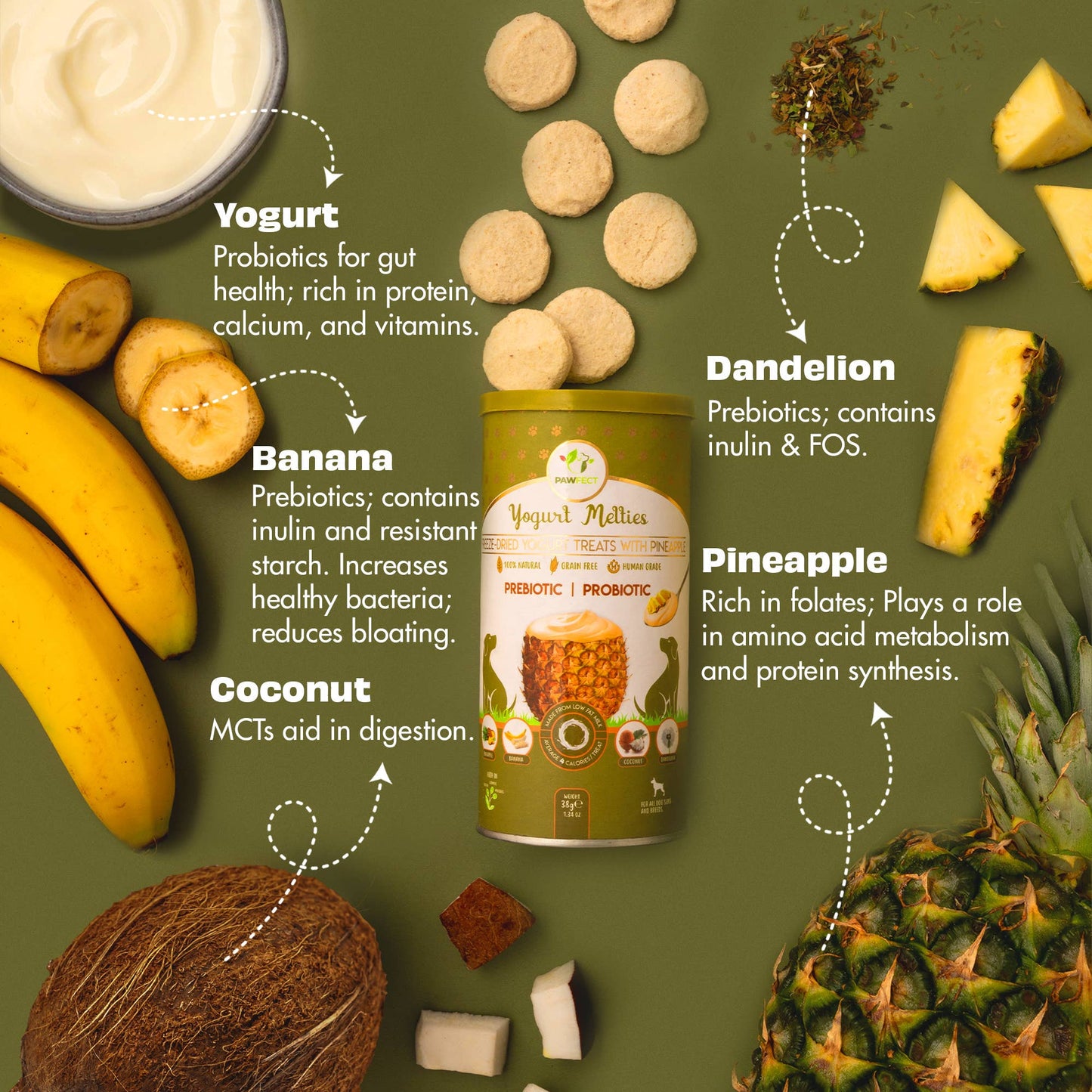 Pawfect Yogurt Melties Pre and Probiotic Dog Treats with Pineapple, Coconut, Banana, Dandelion | Healthy Gut l Low Calories | Grain & Gluten Free | Reward or Training Treats (38g/1.34oz)