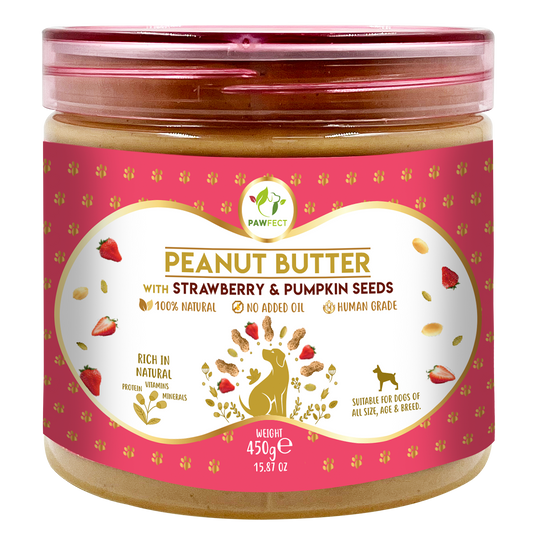 Pawfect Peanut Butter with Strawberry & Pumpkin Seeds for Dogs & Puppies | 100% Natural| No Added Sugar, Salt, Palm Oil | No Sweeteners, No Xylitol | Healthy Dog Treat