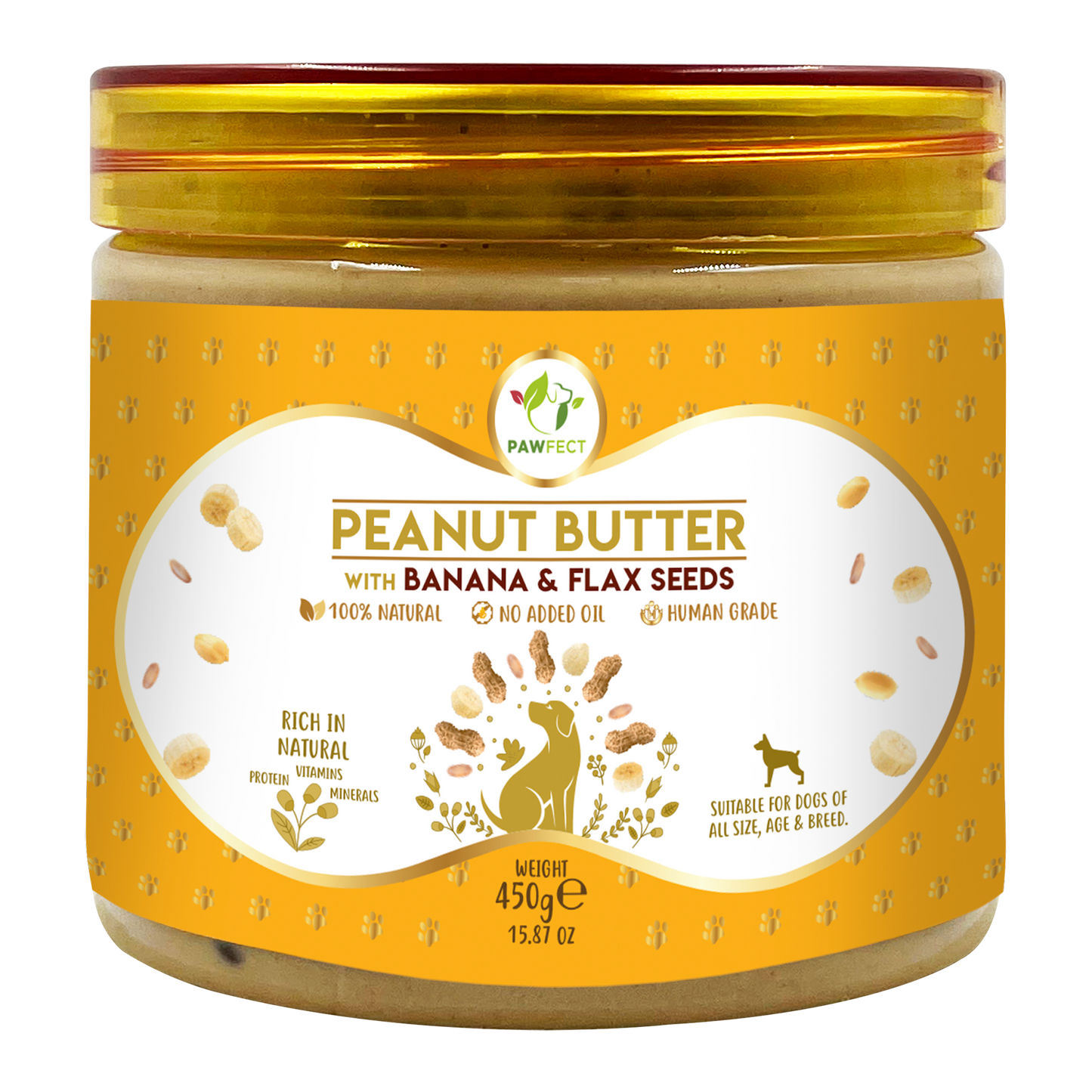 Pawfect Peanut Butter with Banana & Flaxseeds for Dogs & Puppies | 100% Natural| No Added Sugar, Salt, Palm Oil | No Sweeteners, No Xylitol | Healthy Dog Treat