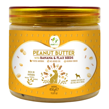 Pawfect Peanut Butter with Banana & Flaxseeds for Dogs & Puppies | 100% Natural| No Added Sugar, Salt, Palm Oil | No Sweeteners, No Xylitol | Healthy Dog Treat