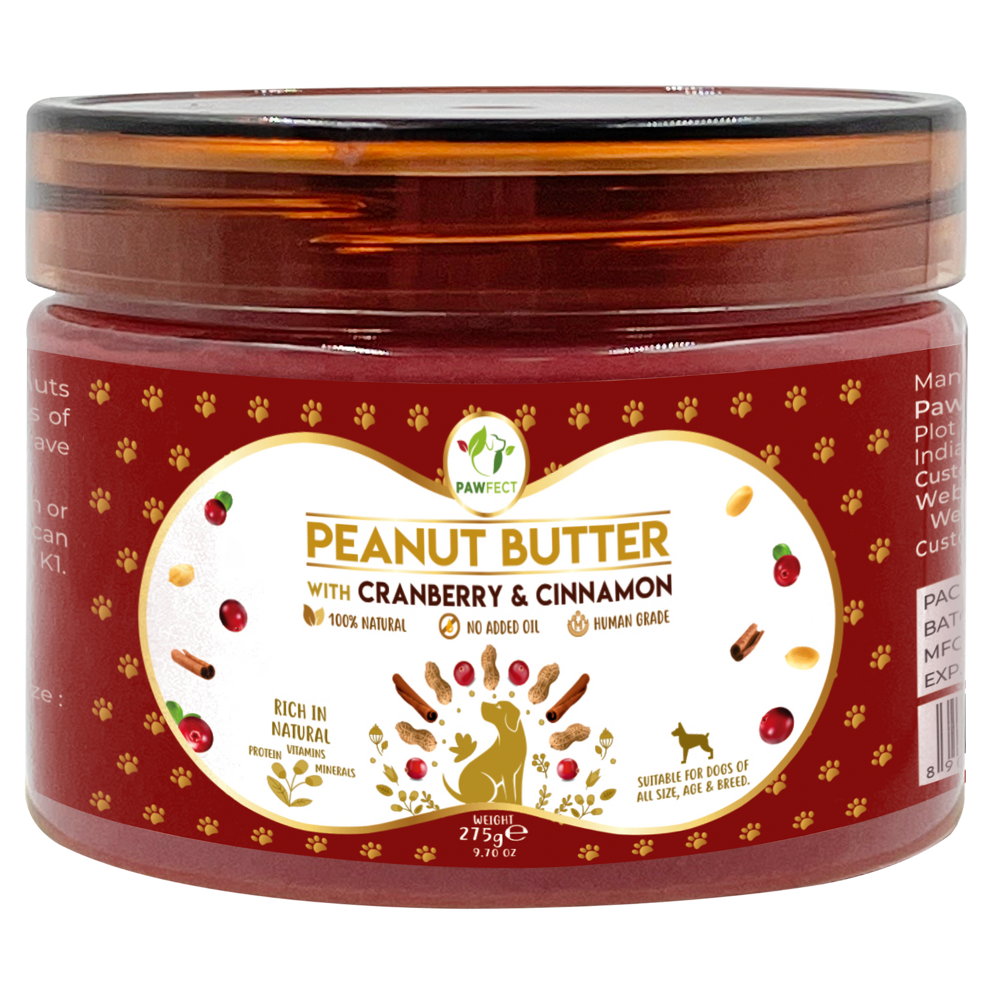 Pawfect Peanut Butter with Cranberry & Cinnamon for Dogs & Puppies | 100% Natural Peanut Butter | No Added Sugar, Salt, Palm Oil | No Sweeteners, No Xylitol | Healthy Dog Treat