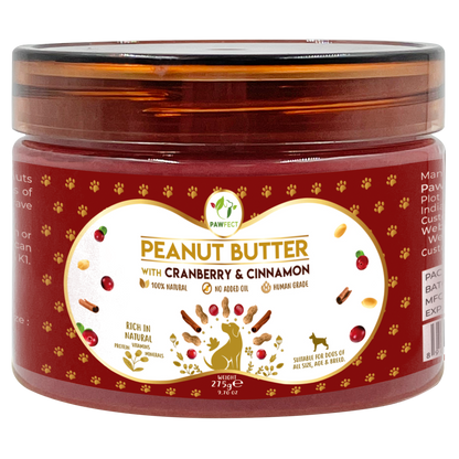 Pawfect Peanut Butter with Cranberry & Cinnamon for Dogs & Puppies | 100% Natural Peanut Butter | No Added Sugar, Salt, Palm Oil | No Sweeteners, No Xylitol | Healthy Dog Treat