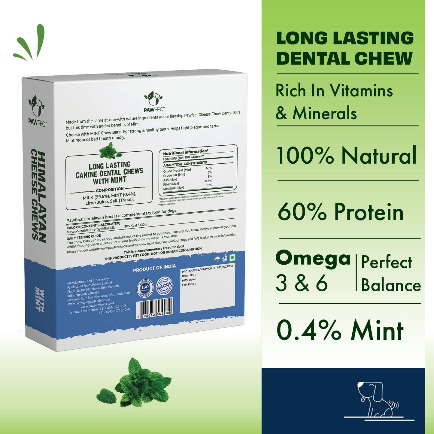 Pawfect Himalayan Cheese Chews with Mint for Dogs| 100% Natural Dental Stick| Cleans teeth| Removes Plaque and Tartar|High protein| Grain-free | Long lasting chew | Pack of 3