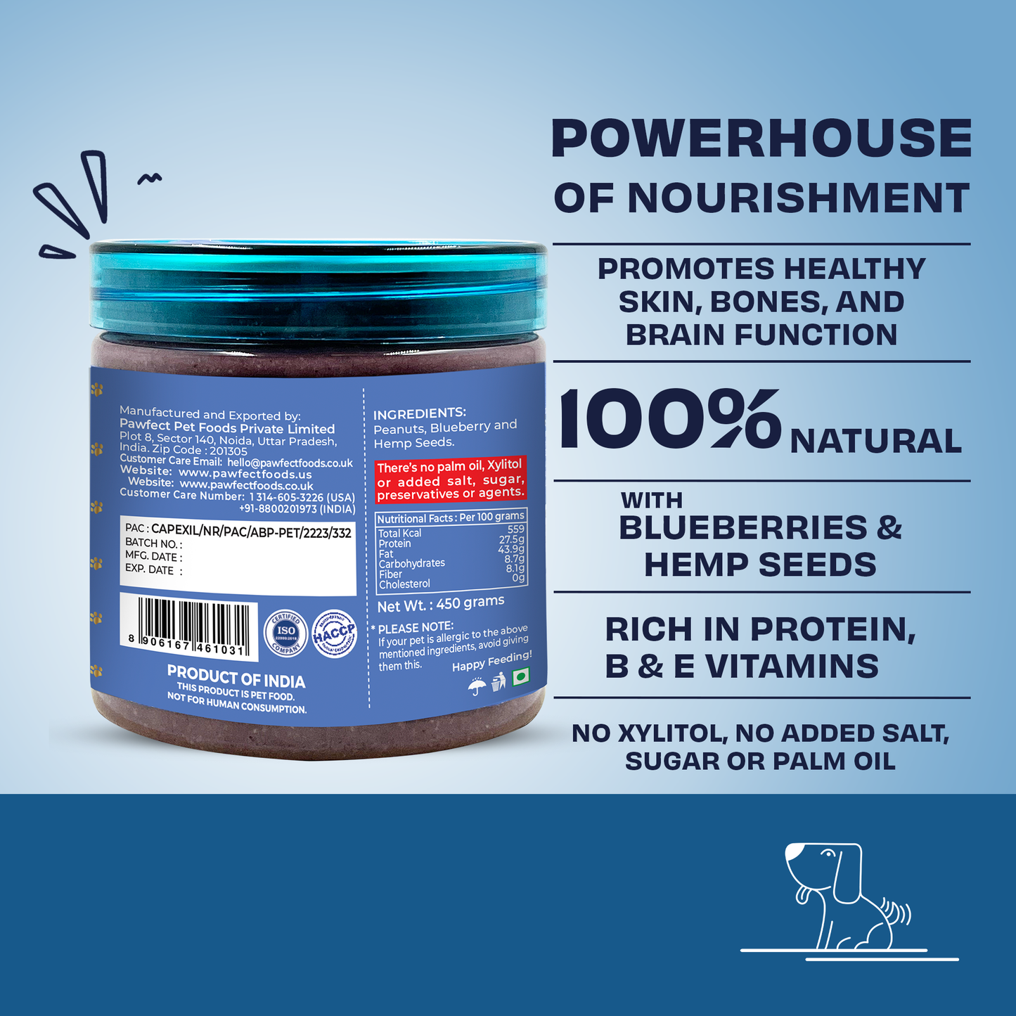 Pawfect Peanut Butter with Blueberries & Hempseeds for Dogs & Puppies | 100% Natural | No Added Sugar, Salt, Palm Oil | No Sweeteners, No Xylitol | Healthy Dog Treat