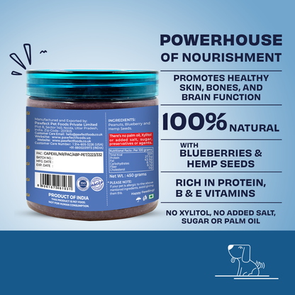 Pawfect Peanut Butter with Blueberries & Hempseeds for Dogs & Puppies | 100% Natural | No Added Sugar, Salt, Palm Oil | No Sweeteners, No Xylitol | Healthy Dog Treat