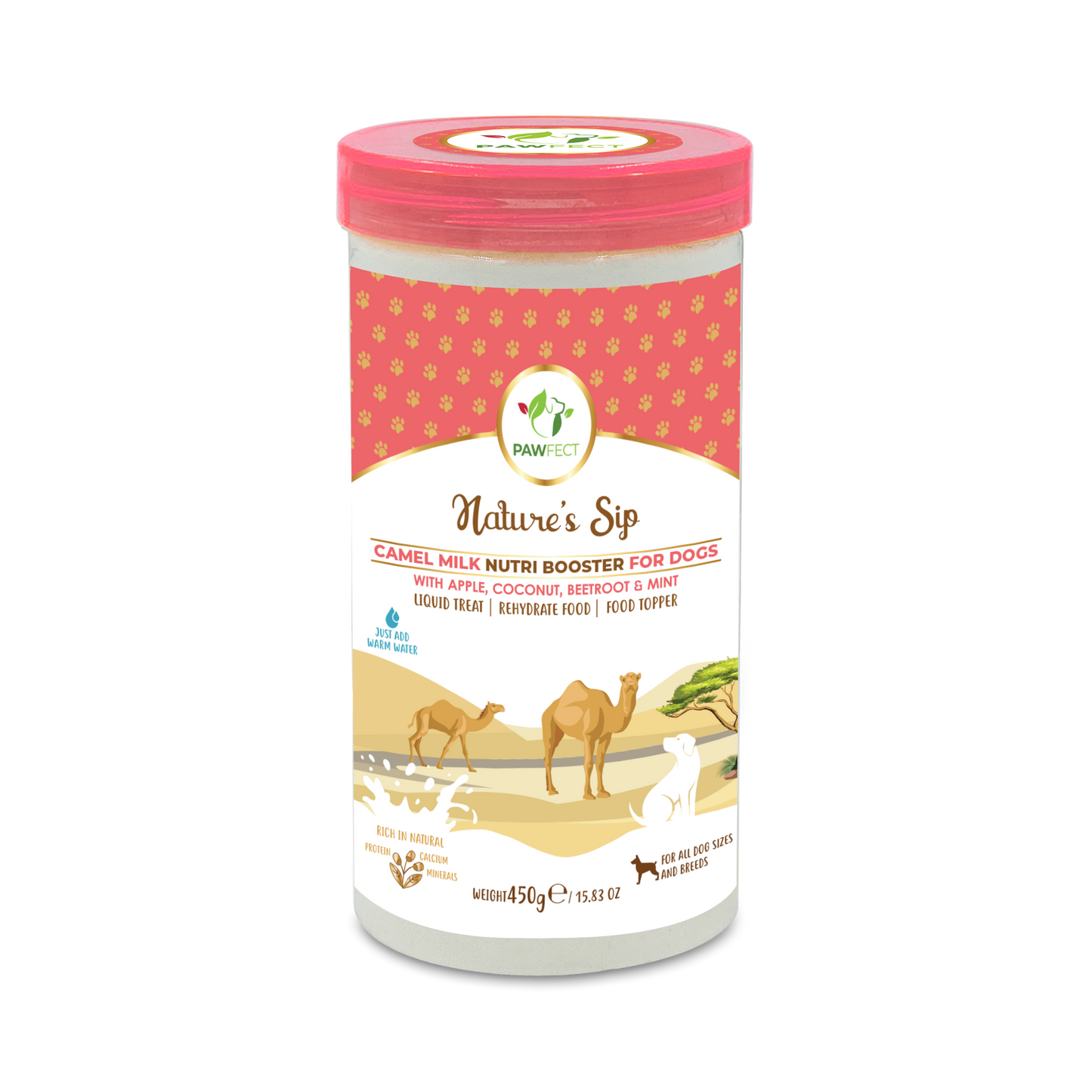 Pawfect Nature's Sip Camel Milk Powder with Apple, Coconut, Beetroot & Mint for dogs | Easily Digestible| Pre & Probiotics| Healthy Topper| Low Glycemic| Hydration Support
