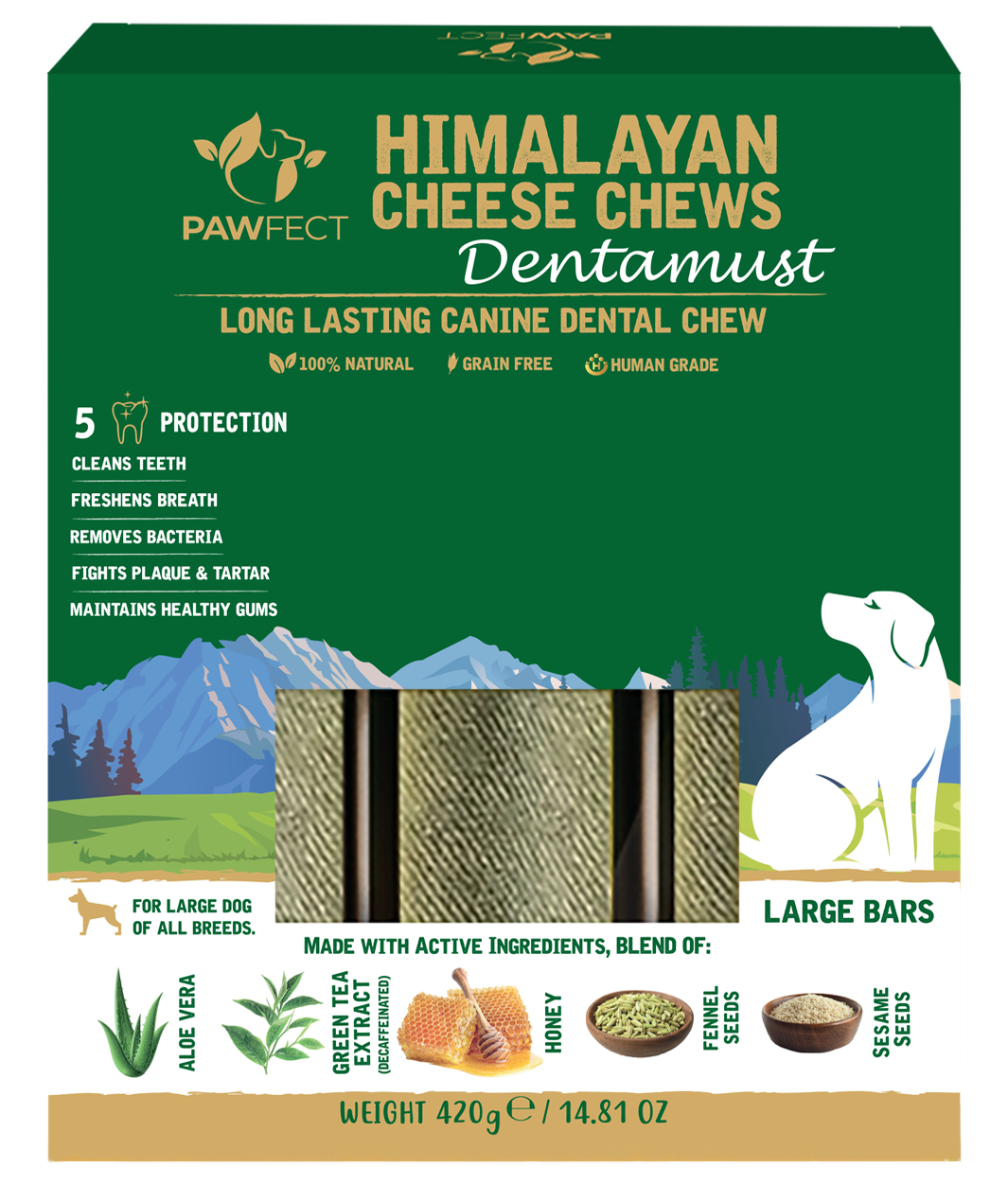 Pawfect Dentamust Himalayan Cheese Chews with Aloe, Honey & Green Tea for Dogs| Long lasting dental chew with Superfoods |All Natural, High protein, Grain-free| Pack of 3 for Large Dogs