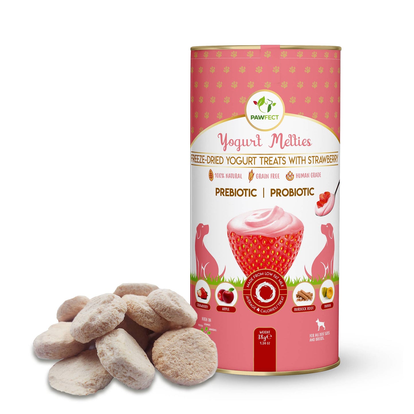 Pawfect Yogurt Melties Pre and Probiotic Dog Treats with Strawberry, Apple, Papaya & Burdock Root | Healthy Gut | Low Calories | Grain & Gluten Free | Reward or Training Treats (38g/1.34oz)
