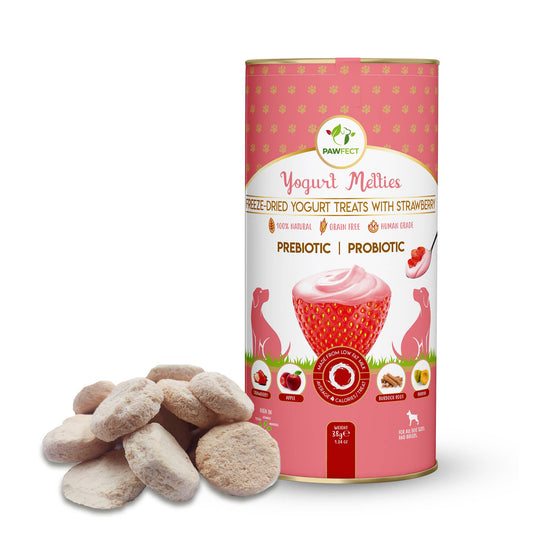 Pawfect Yogurt Melties Pre and Probiotic Dog Treats with Strawberry, Apple, Papaya & Burdock Root | Healthy Gut | Low Calories | Grain & Gluten Free | Reward or Training Treats (38g/1.34oz)