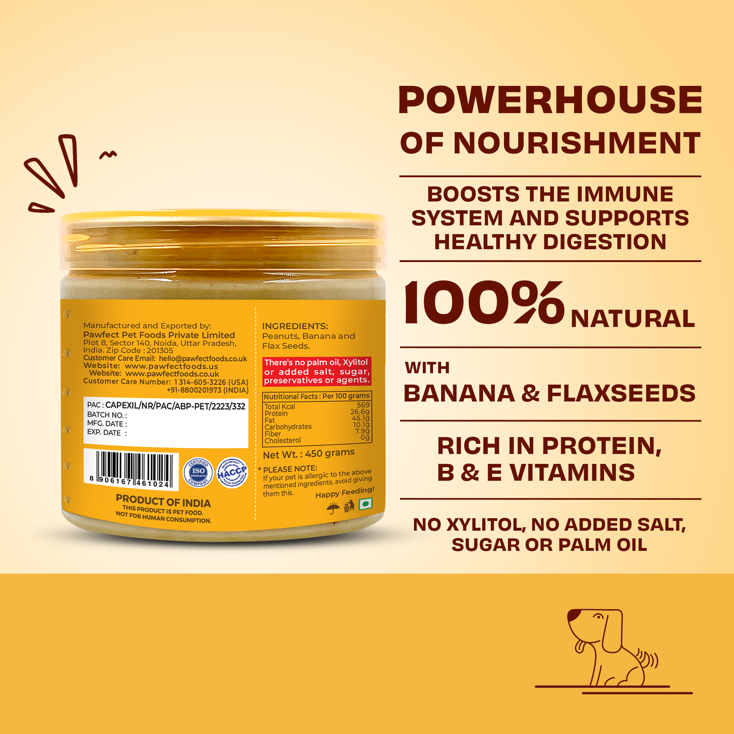 Pawfect Peanut Butter with Banana & Flaxseeds for Dogs & Puppies | 100% Natural| No Added Sugar, Salt, Palm Oil | No Sweeteners, No Xylitol | Healthy Dog Treat