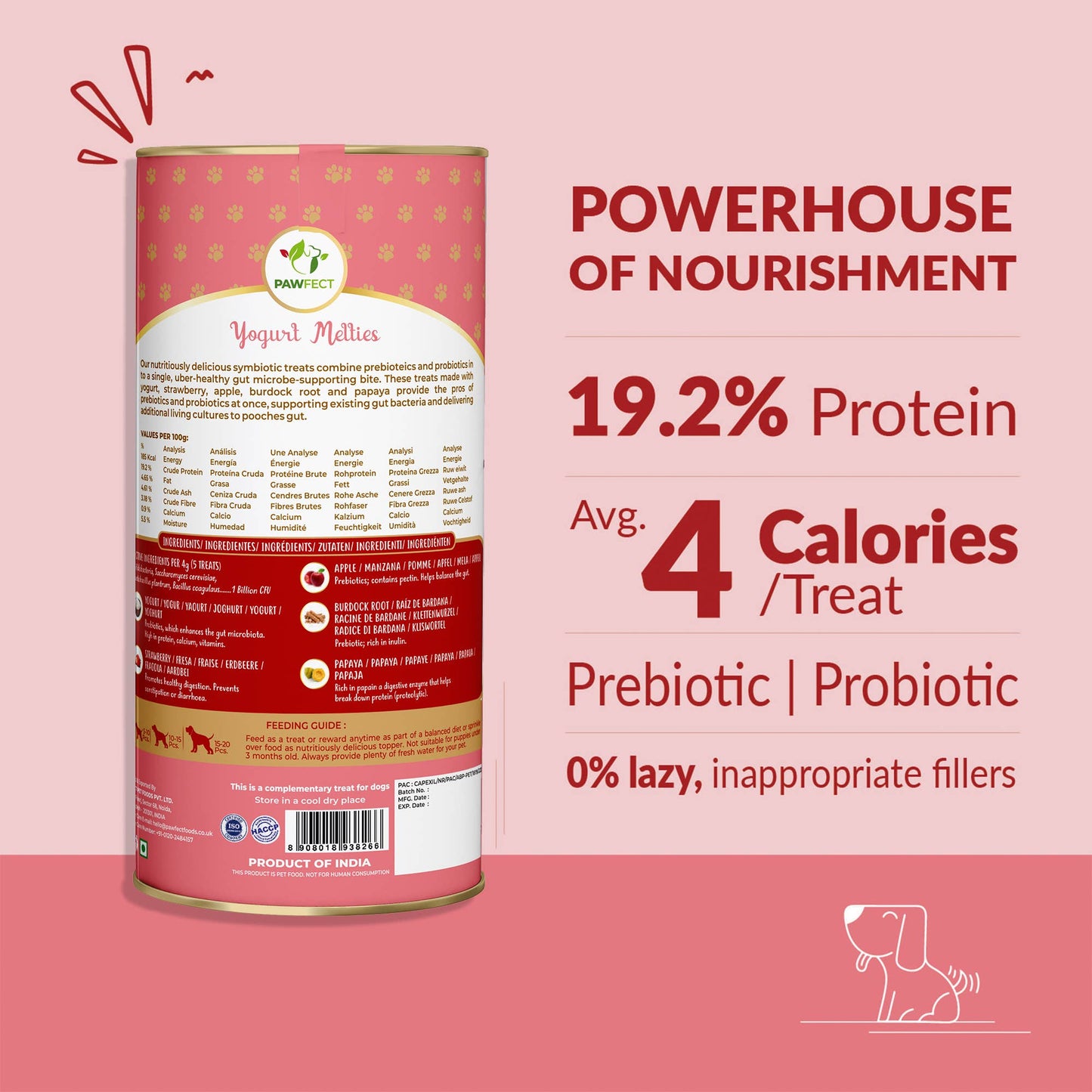 Pawfect Yogurt Melties Pre and Probiotic Dog Treats with Strawberry, Apple, Papaya & Burdock Root | Healthy Gut | Low Calories | Grain & Gluten Free | Reward or Training Treats (38g/1.34oz)
