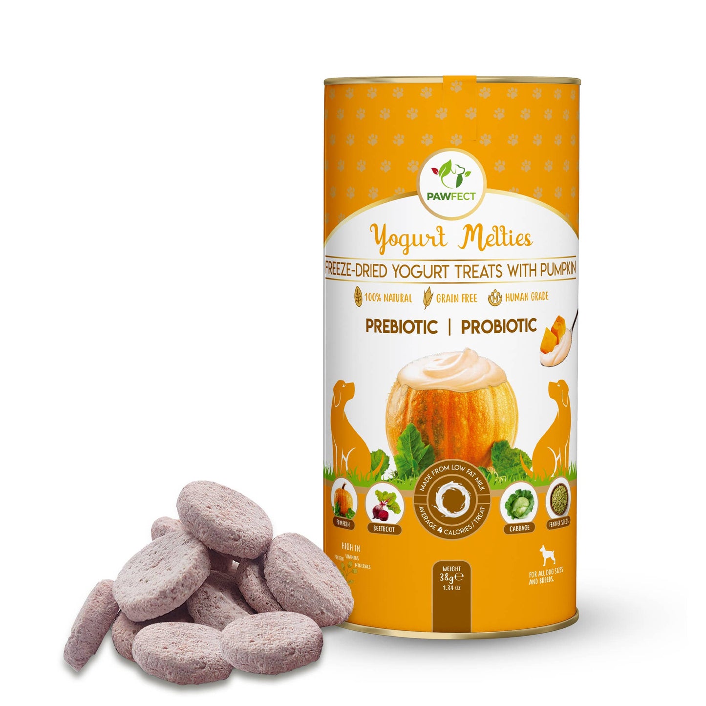 Pawfect Yogurt Melties Pre and Probiotic Dog Treats with Pumpkin, Beetroot, Cabbage & Fennel Seeds | Healthy Gut | Low Calories | Grain & Gluten Free | Reward or Training Treats (38g/1.34oz)