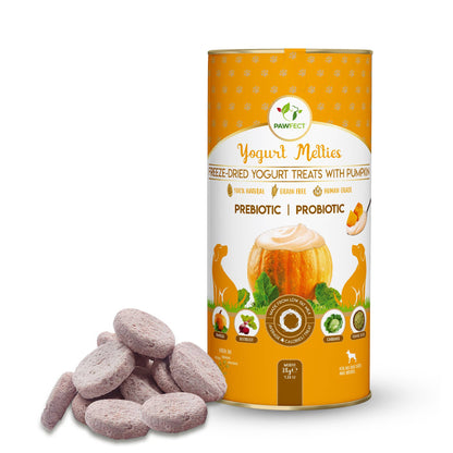 Pawfect Yogurt Melties Pre and Probiotic Dog Treats with Pumpkin, Beetroot, Cabbage & Fennel Seeds | Healthy Gut | Low Calories | Grain & Gluten Free | Reward or Training Treats (38g/1.34oz)