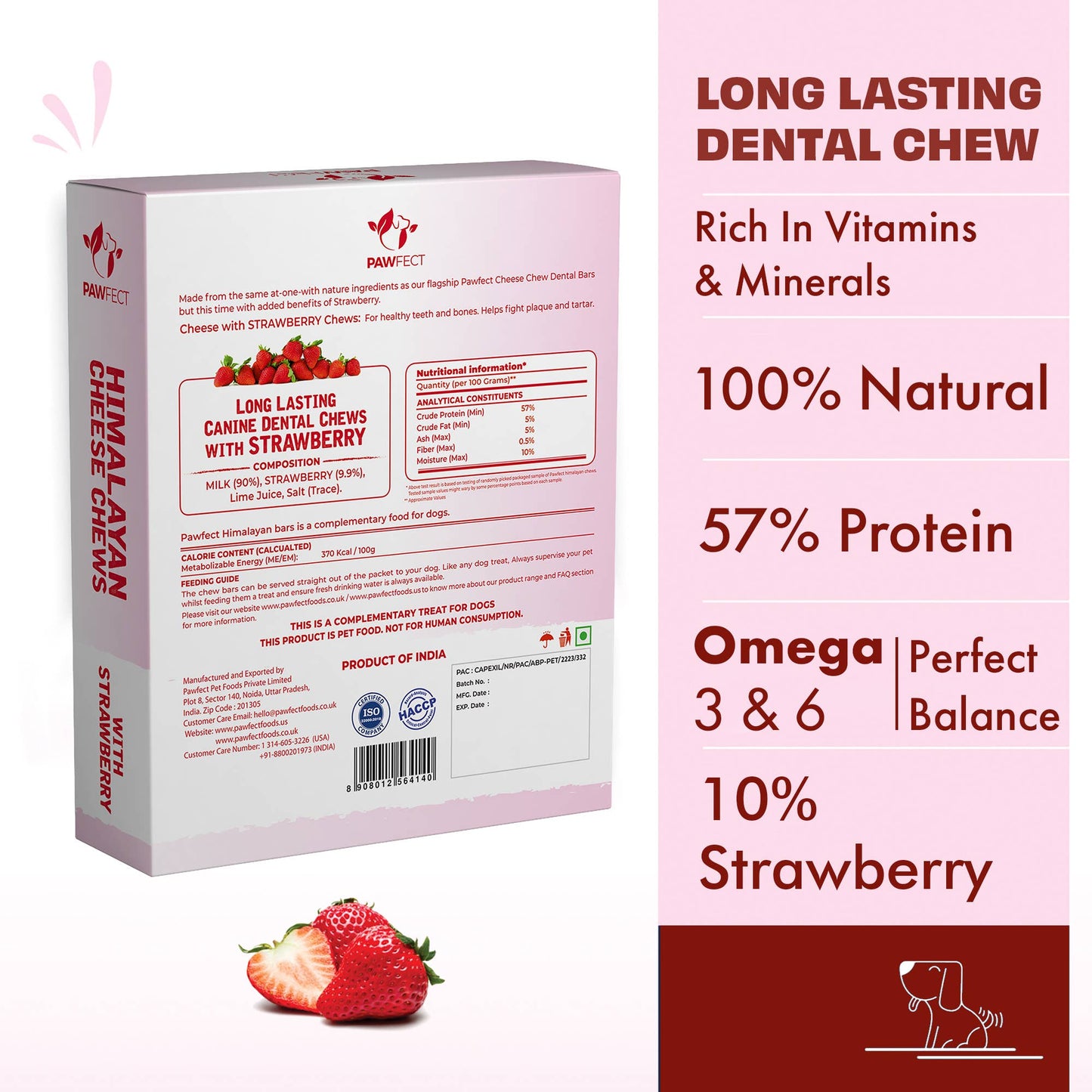 Pawfect Himalayan Cheese Chews with Strawberry for Dogs| 100% Natural Dental Stick| Cleans teeth| Removes Plaque and Tartar|High protein| Grain-free | Long lasting chew |Pack of 3