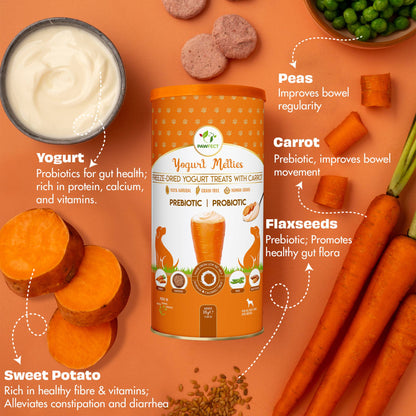 Pawfect Yogurt Melties Pre and Probiotic Dog Treats with Carrot, Flaxseed, Pea & Sweet Potato | Healthy Gut | Low Calories | Grain & Gluten Free | Reward or Training Treats (38g/1.34oz)