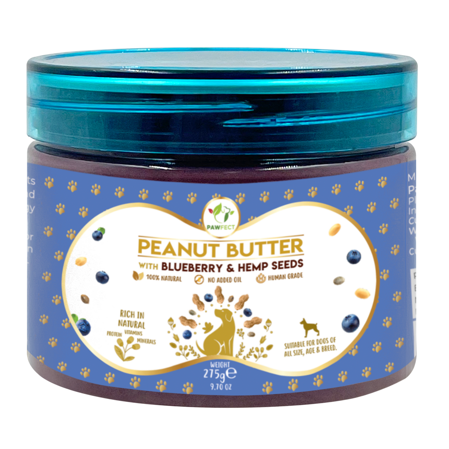 Pawfect Peanut Butter with Blueberries & Hempseeds for Dogs & Puppies | 100% Natural | No Added Sugar, Salt, Palm Oil | No Sweeteners, No Xylitol | Healthy Dog Treat