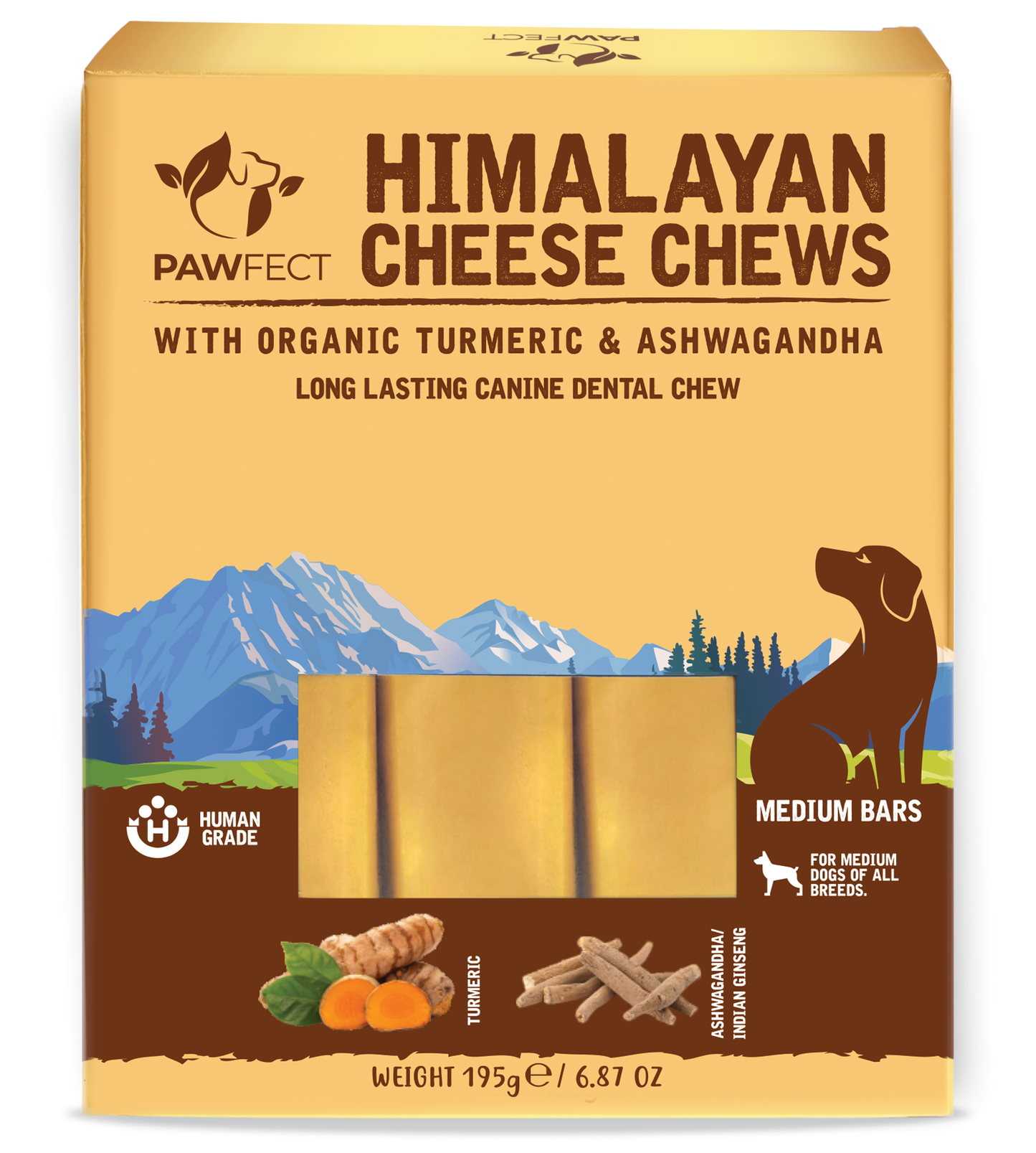Pawfect Himalayan Cheese Chews with Turmeric & Ashwagandha for Dogs|100% Natural Dental Stick|Cleans teeth|Helps remove plaque and tartar|Grain-free|Long lasting chew|Pack of 3
