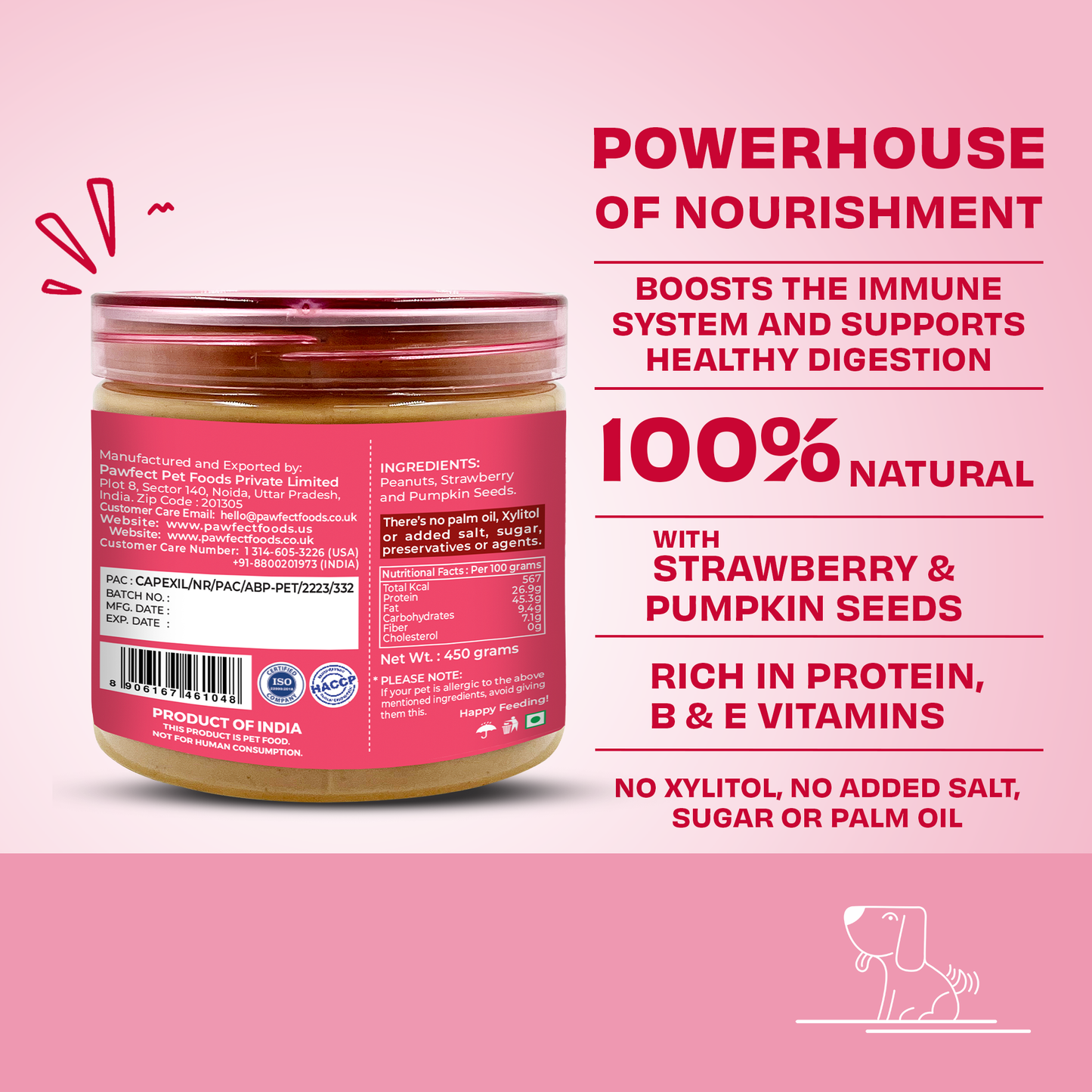 Pawfect Peanut Butter with Strawberry & Pumpkin Seeds for Dogs & Puppies | 100% Natural| No Added Sugar, Salt, Palm Oil | No Sweeteners, No Xylitol | Healthy Dog Treat