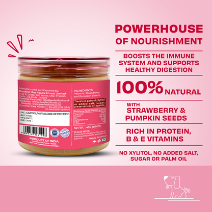 Pawfect Peanut Butter with Strawberry & Pumpkin Seeds for Dogs & Puppies | 100% Natural| No Added Sugar, Salt, Palm Oil | No Sweeteners, No Xylitol | Healthy Dog Treat