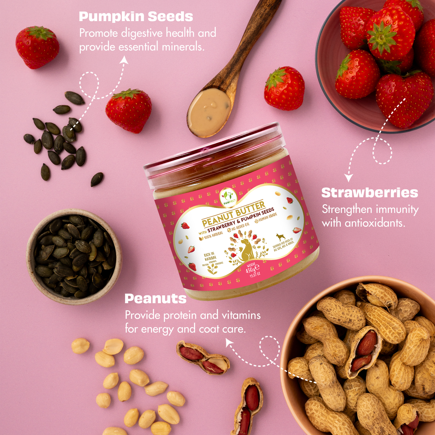 Pawfect Peanut Butter with Strawberry & Pumpkin Seeds for Dogs & Puppies | 100% Natural| No Added Sugar, Salt, Palm Oil | No Sweeteners, No Xylitol | Healthy Dog Treat
