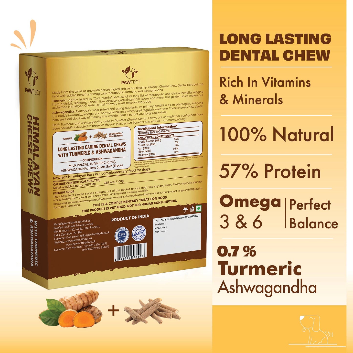 Pawfect Himalayan Cheese Chews with Turmeric & Ashwagandha for Dogs|100% Natural Dental Stick|Cleans teeth|Helps remove plaque and tartar|Grain-free|Long lasting chew|Pack of 3