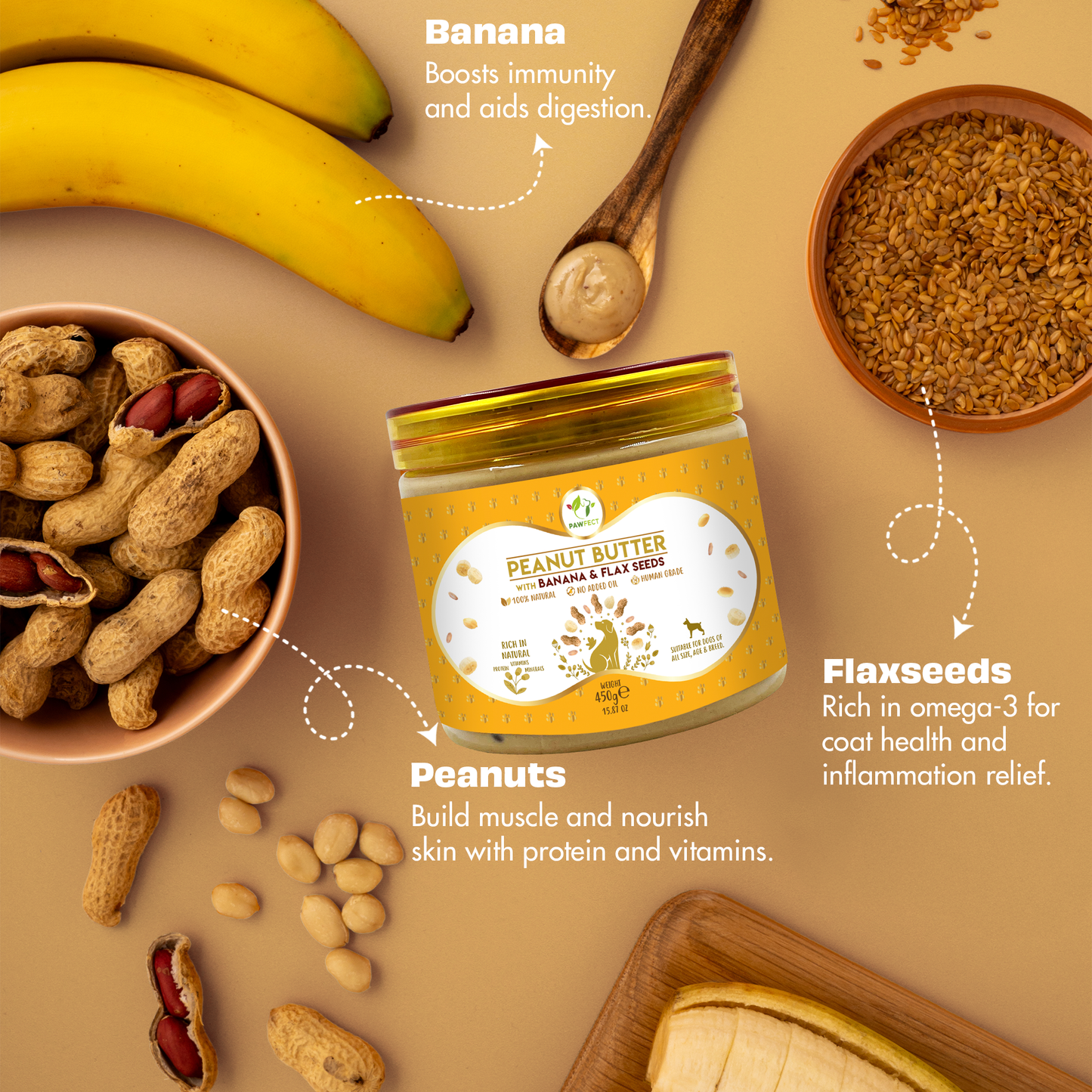 Pawfect Peanut Butter with Banana & Flaxseeds for Dogs & Puppies | 100% Natural| No Added Sugar, Salt, Palm Oil | No Sweeteners, No Xylitol | Healthy Dog Treat