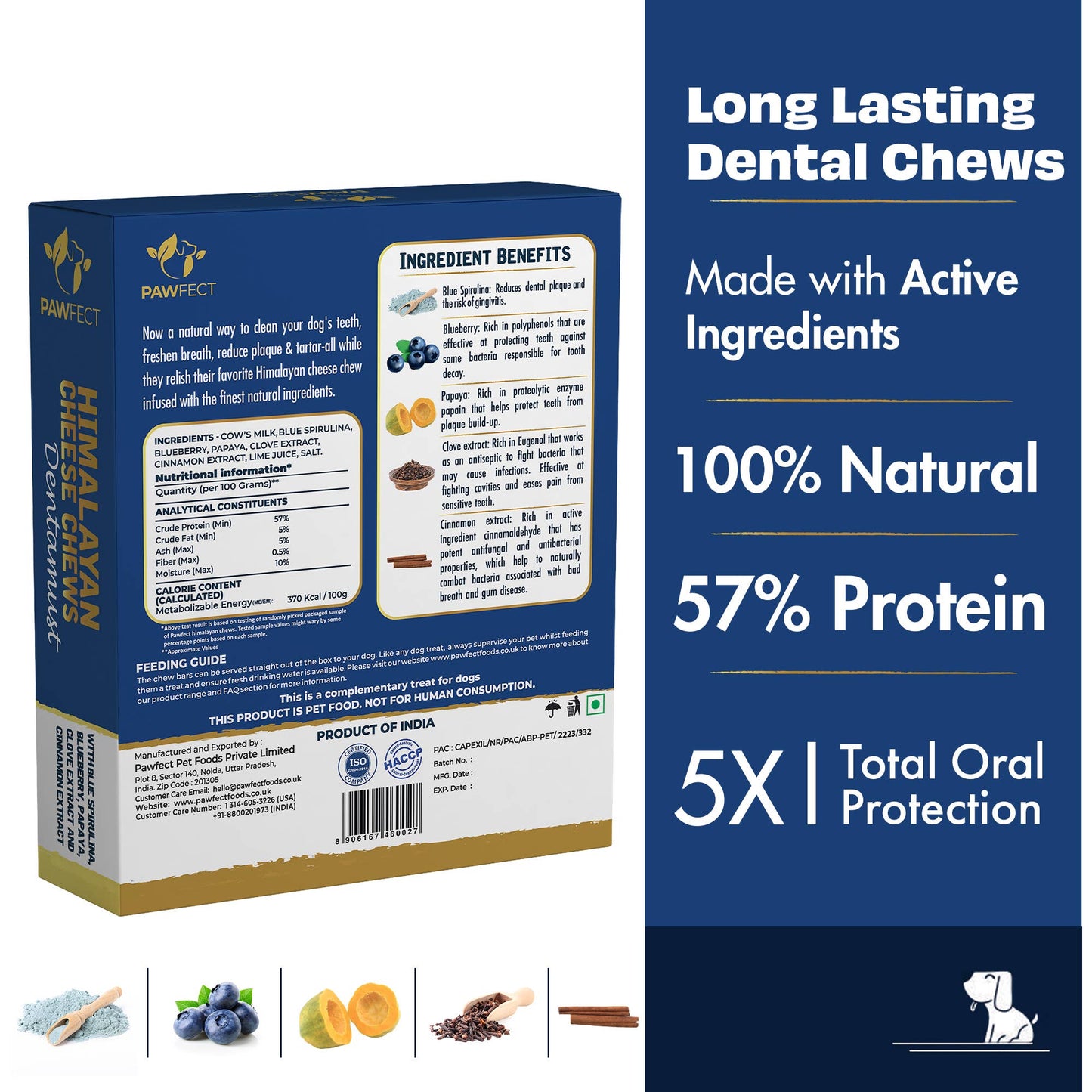 Pawfect Dentamust Himalayan Cheese Chews with Blueberry & Papaya for Dogs|Long lasting dental chews with Superfoods |All Natural, High protein|Grain-free| Pack of 3 for Large Dogs