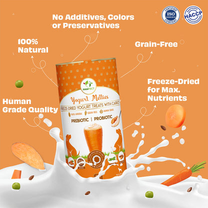 Pawfect Yogurt Melties Pre and Probiotic Dog Treats with Carrot, Flaxseed, Pea & Sweet Potato | Healthy Gut | Low Calories | Grain & Gluten Free | Reward or Training Treats (38g/1.34oz)