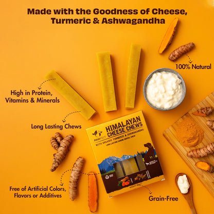 Pawfect Himalayan Cheese Chews with Turmeric & Ashwagandha for Dogs|100% Natural Dental Stick|Cleans teeth|Helps remove plaque and tartar|Grain-free|Long lasting chew|Pack of 3