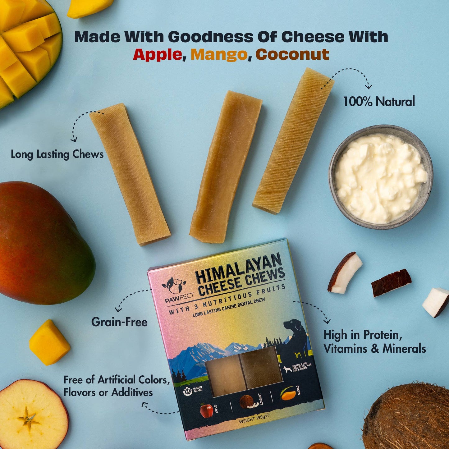 Pawfect Himalayan Cheese Chews with Apple, Mango & Coconut for Dogs | All Natural dental stick | Rich in Protein & Calcium | Grain-free | Long-lasting chew |Pack of 3