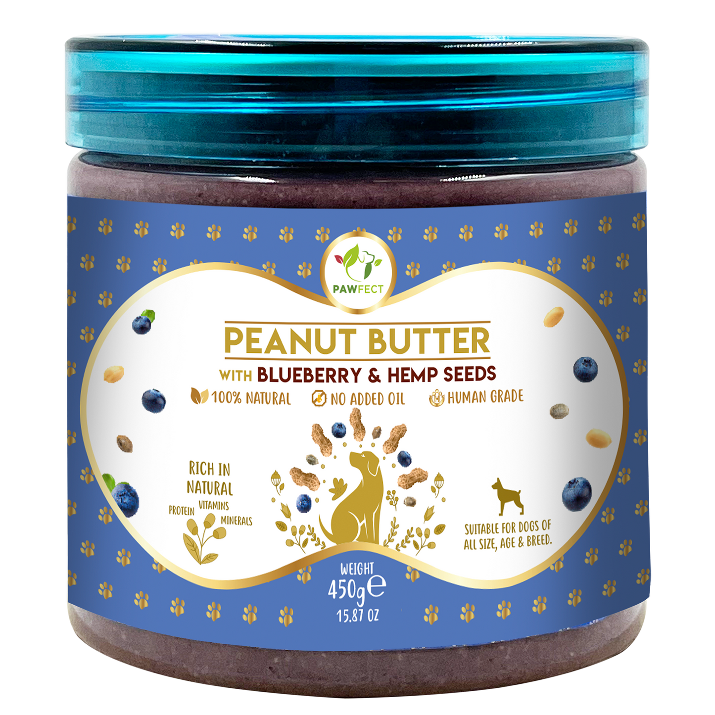 Pawfect Peanut Butter with Blueberries & Hempseeds for Dogs & Puppies | 100% Natural | No Added Sugar, Salt, Palm Oil | No Sweeteners, No Xylitol | Healthy Dog Treat