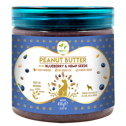 Pawfect Peanut Butter with Blueberries & Hempseeds for Dogs & Puppies | 100% Natural | No Added Sugar, Salt, Palm Oil | No Sweeteners, No Xylitol | Healthy Dog Treat