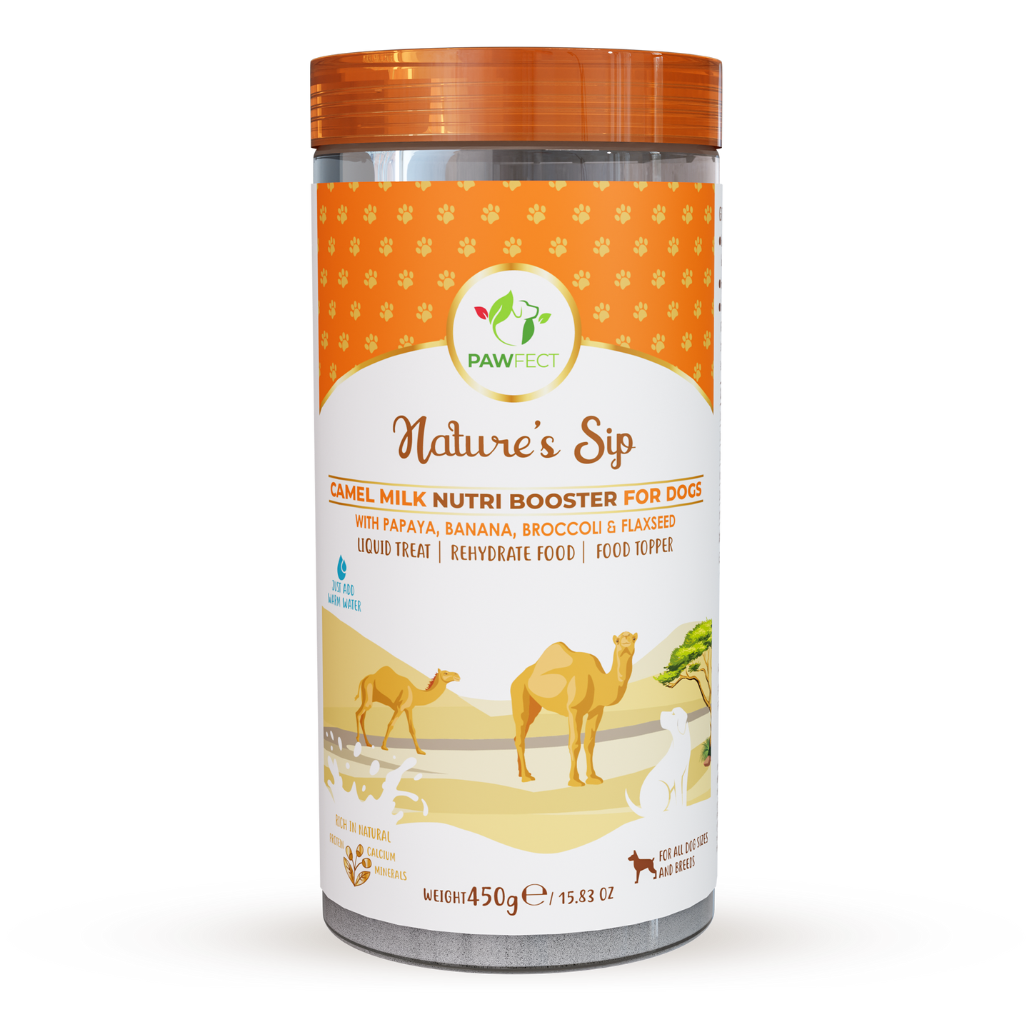 Pawfect Nature's Sip Camel Milk Powder with Papaya, Banana, Broccoli & Flaxseeds| Easily Digestible| Pre & Probiotics| Healthy Topper| Low Glycemic| Hydration Support