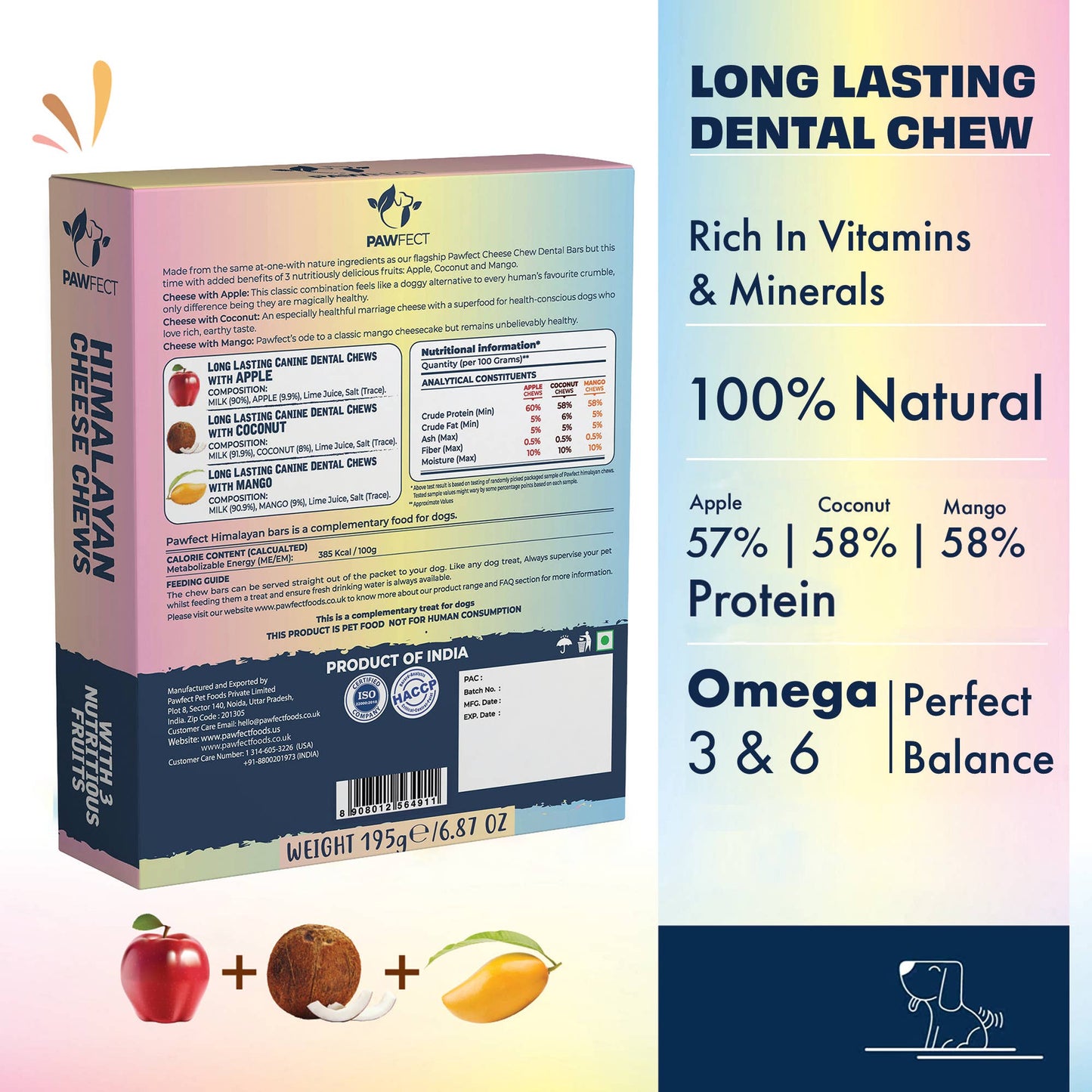 Pawfect Himalayan Cheese Chews with Apple, Mango & Coconut for Dogs | All Natural dental stick | Rich in Protein & Calcium | Grain-free | Long-lasting chew |Pack of 3