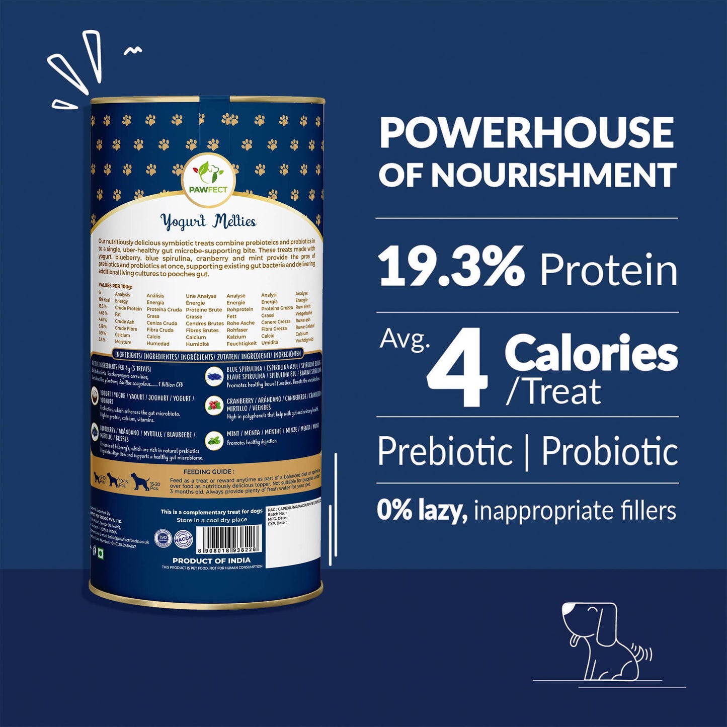 Pawfect Yogurt Melties Pre and Probiotic Dog Treats with Blueberry, Cranberry, Blue Spirulina & Mint | Healthy Gut | Low Calories | Grain & Gluten Free | Reward or Training Treats (38g/1.34oz)