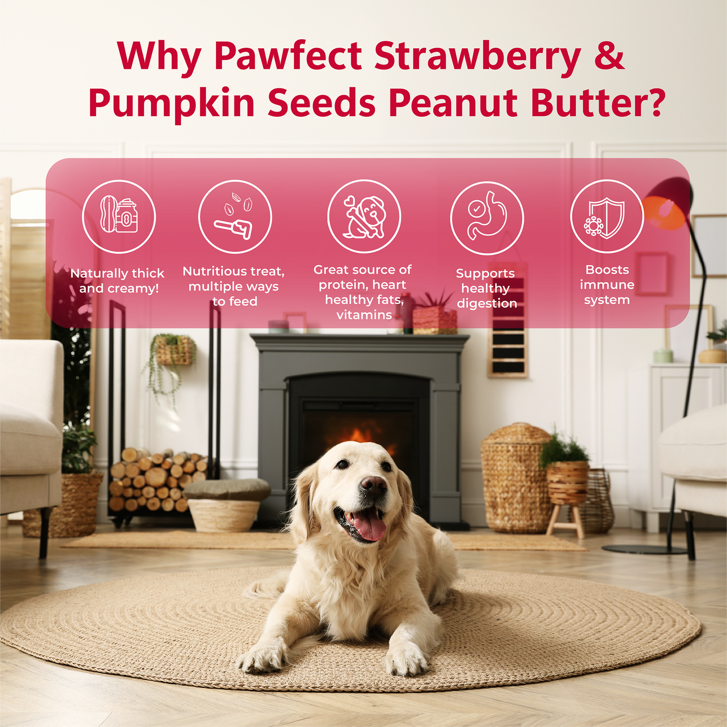 Pawfect Peanut Butter with Strawberry & Pumpkin Seeds for Dogs & Puppies | 100% Natural| No Added Sugar, Salt, Palm Oil | No Sweeteners, No Xylitol | Healthy Dog Treat