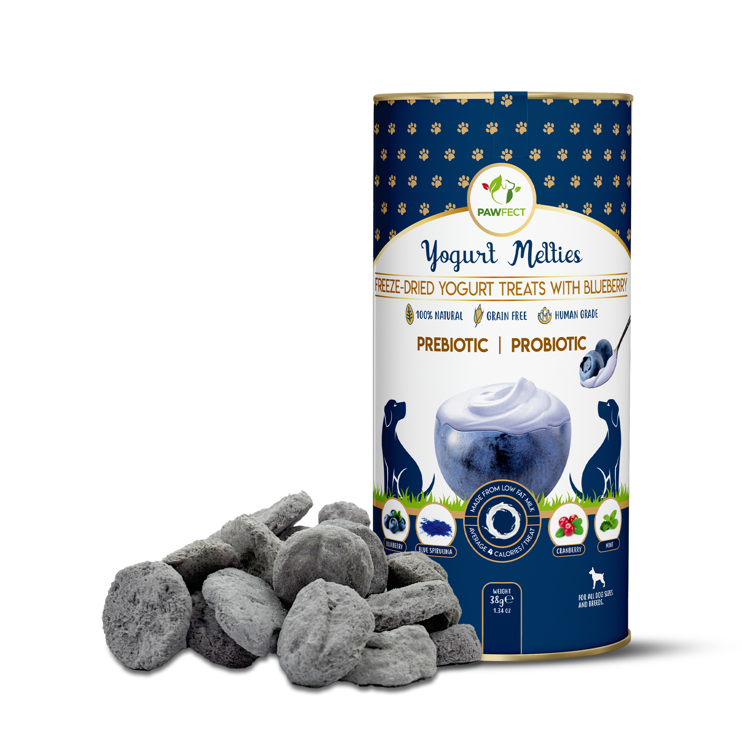 Pawfect Yogurt Melties Pre and Probiotic Dog Treats with Blueberry, Cranberry, Blue Spirulina & Mint | Healthy Gut | Low Calories | Grain & Gluten Free | Reward or Training Treats (38g/1.34oz)
